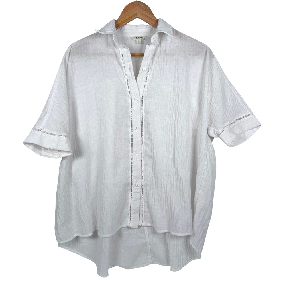 Max Studio London Button Down Women XS White Gauze Ladder Lace High Low 4703U36